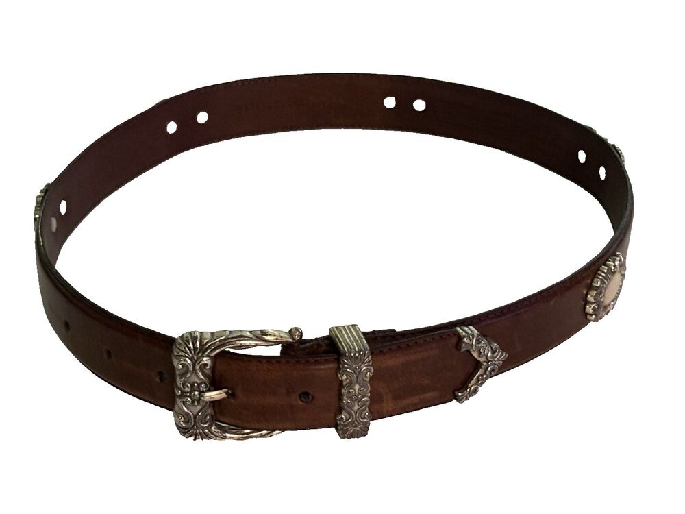 Vtg 1” Fossil Brown Leather Belt Silvertone Hardware & Accents 27”-31”